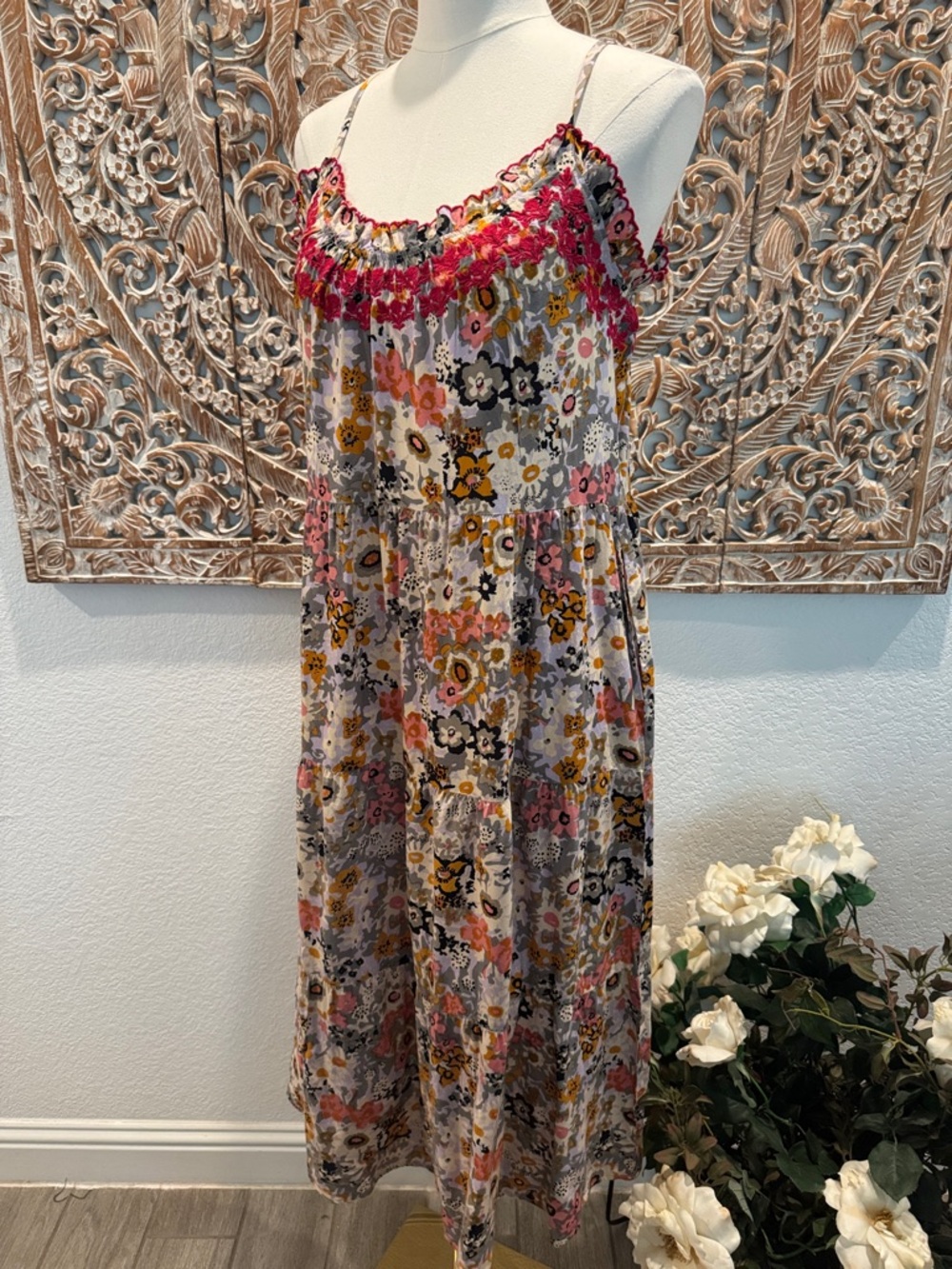 Natural Life Avery Boho Floral Midi Sundress, Pink Embroidered Trim, & Pockets! - Picture 5 of 15